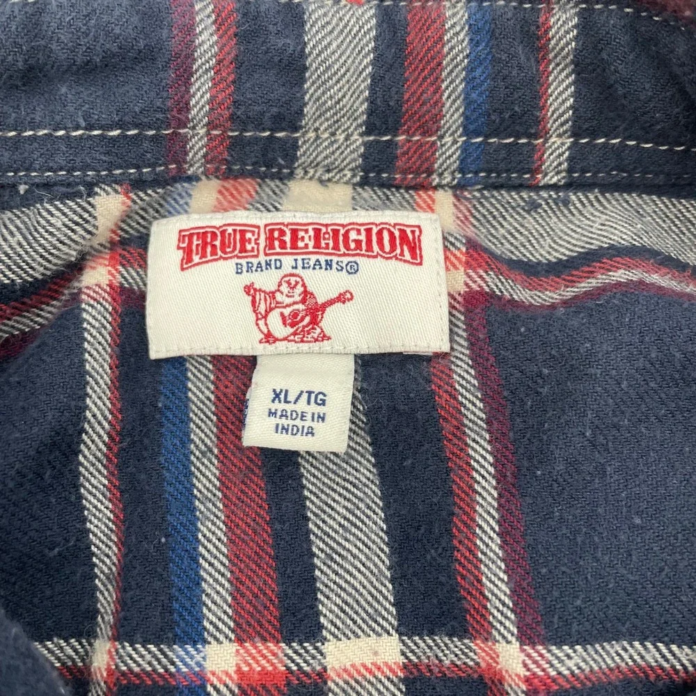 True Religion Mens Plaid Flannel LS Utility Shirt Navy‎ Red XL SVY974ZL01815